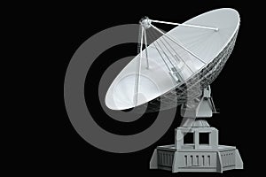 White radio telescope, large satellite dish, radar isolated on a black background. Technology concept, search for extraterrestrial