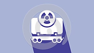 White Radioactive cargo train wagon icon isolated on purple background. Freight car. Railroad transportation. 4K Video