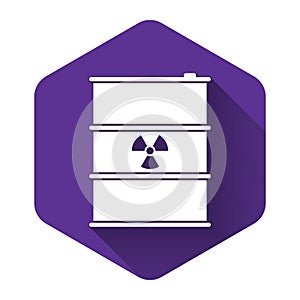 White Radioactive waste in barrel icon isolated with long shadow. Radioactive garbage emissions, environmental pollution