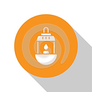 White Ramadan Kareem lantern icon isolated on white background. Orange circle button. Vector