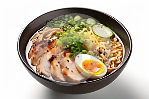 white ramen bowl noodle soup meal japanese food black background asian. Generative AI.