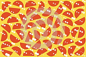 White random dots and red semicircles on yellow background. Abstract geometric shapes pattern in retro style for textile, decor