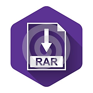 White RAR file document icon. Download RAR button icon isolated with long shadow. Purple hexagon button