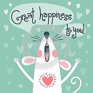 White rat congratulates and wishes great happiness to you. Greeting card with a cute mouse. Vector illustration