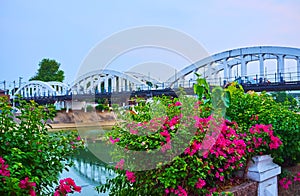 The white Ratsadaphisek Bridge behind the bougainvillea, Lampang, Thailand