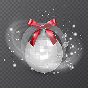 White, realistic Christmas ball, decorated with a red bow. Snow frost effect on transparent background. Vector illustration