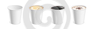 White realistic coffee mug. Hot cup latte mocha cocoa cappuccino, americano or espresso for breakfast. Isolated 3d photo