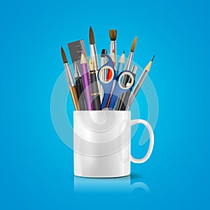 White realistic cup with office supplies, pencils, pens, scissors, ruler, paint brushes. Vector conceptual image of office life. photo