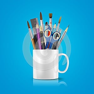 White realistic cup with office supplies, pencils, pens, scissors, ruler, paint brushes. Vector conceptual image of office life.