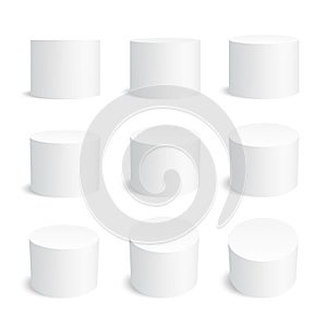 White realistic cylinder, empty stand round podium isolated. 3d geometric shapes vector set.