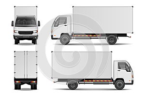 White realistic delivery cargo truck. Lorry for advertising side, front and rear view isolated on white background