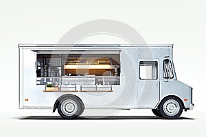 White realistic food truck isolated on white. 3d rendering.