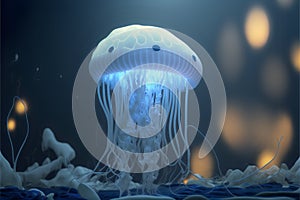 White realistic glowing neon blue light jellyfish underwater on a dark background.