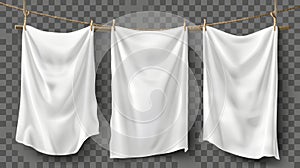 A white realistic hang blank canvas banner sign modern with a rope attached for advertising. A three dimensional mockup