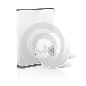 White realistic isolated DVD, CD, Blue-Ray case with disk. Vector