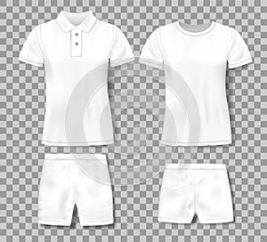 White realistic male polo shirt and sport shorts design template. Set of t-shirts, men classic polo mockup isolated