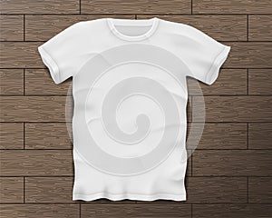 White realistic male t-shirt with short sleeves. Blank t-shirt template on Vintage wooden floor isolated. Cotton man
