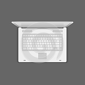White realistic open laptop keyboard top view vector illustration. Modern notebook with touchpad