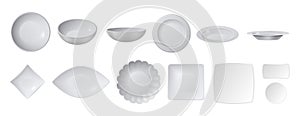 White realistic plates. Top view plate collection, isolated ceramic crockery. Kitchen accessories, cafe restaurant