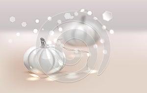 White realistic pumpkins and warm lights vector greeting card background