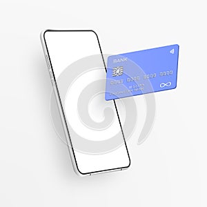 White realistic smartphone and plastic credit card. 3d mobile phone with blank white screen and bank card with chip