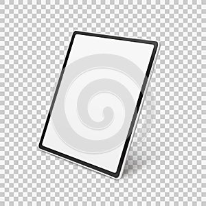 White realistic tablet mockup isolated on transparent checkered background. 3d device with blank white screen