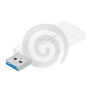 White realistic USB flash drive vector isolated on white background isometric view