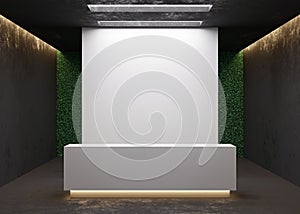 White reception counter in modern room with dark walls. Blank registration desk in hotel, spa or office. Reception mock