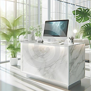 white reception desk in a clinic with light colorful walls soft light for healthcare medical card design