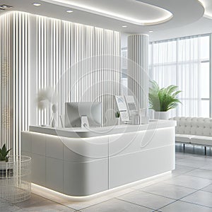 white reception desk in a clinic with light colorful walls soft light for healthcare medical card design