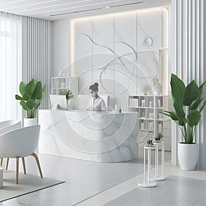 white reception desk in a clinic with light colorful walls soft light for healthcare medical card design