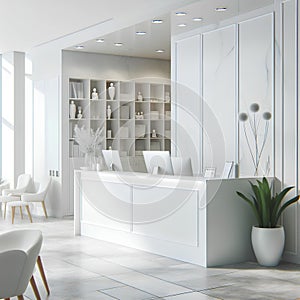 white reception desk in a clinic with light colorful walls soft light for healthcare medical card design