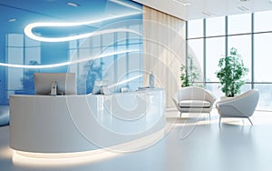 White reception desk in modern office with panoramic windows