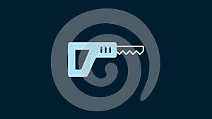 White Reciprocating saw and saw blade icon isolated on blue background. 4K Video motion graphic animation