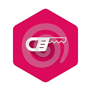 White Reciprocating saw and saw blade icon isolated with long shadow background. Pink hexagon button. Vector