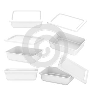White rectangle plastic container for food production with clip