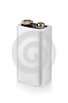 White rectangular 9-volt battery isolated on a clean white background