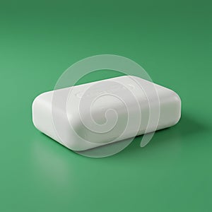 A white, rectangular bar of soap with rounded edges is placed on a solid green surface.