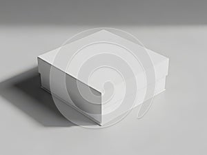 A white rectangular box on a gray surface with a subtle shadow
