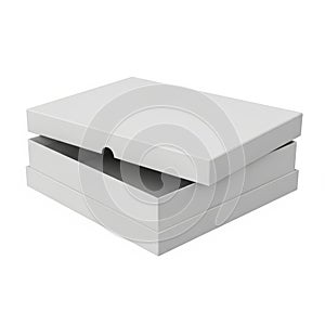 White rectangular box with hinged lid slightly ajar on plain background