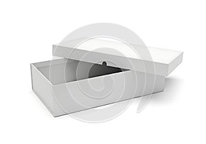 A white rectangular box with a lid, open and empty, against a white background