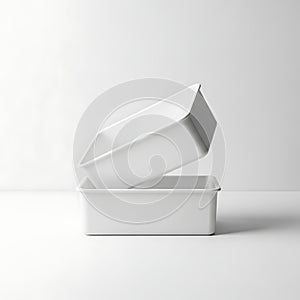 A white rectangular box with a lid placed on a plain background