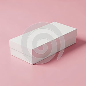 A white rectangular box with a lid resting on a pink background
