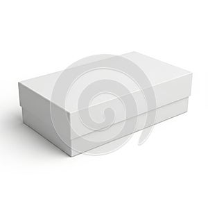 A white rectangular box with a lid sitting on a plain background