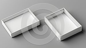 White rectangular box mockup on gray background. Open, closed boxes. Top view. Empty box. Perfect for product presentation,