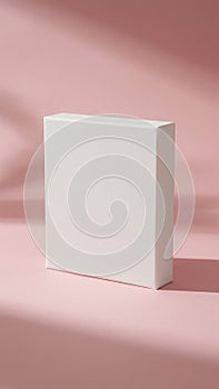White rectangular box placed on a soft pink background with minimalistic lighting