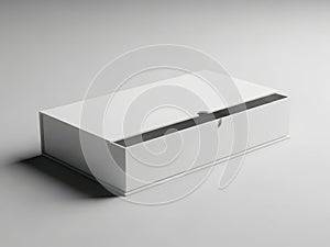 A white rectangular box with a sliding lid on a plain background