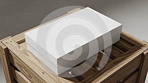 A white rectangular box with a smooth surface is placed on a wooden crate