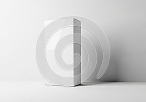White rectangular box standing upright on a white surface with a subtle shadow