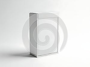 White rectangular box with transparent front panel on a plain background